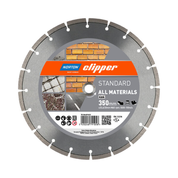 Norton Clipper Diamant-Trennscheibe 70184609633 Standard 4x4, Ø 350 mm, Bohrung 25,4/20 mm, lasergeschweißt
