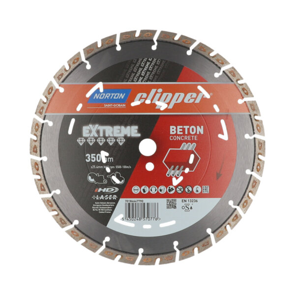 Norton Clipper Diamant-Trennscheibe 70184647790 Extreme Beton, Ø 350x25,4 mm, für bewehrten Beton, Segmenthöhe 15 mm