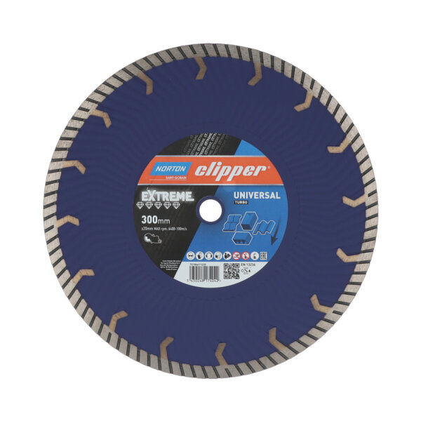 Norton Clipper Diamanttrennscheibe Extreme Universal Turbo 70184611230 Ø 300 x 20 mm, geschlossener Schneidrand, gewellter Stahlkern