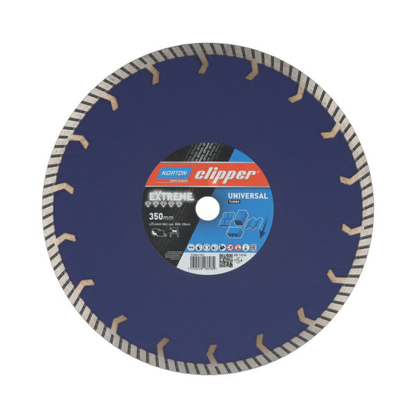 Norton Clipper Diamanttrennscheibe Extreme Universal Turbo 70184611561, Ø 350 x 25,4 mm, geschlossener Schneidrand, für Granit und Naturstein