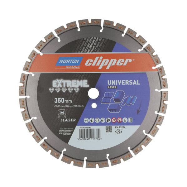Norton Clipper Diamanttrennscheibe Extreme Universal Laser 70184612283, Ø 350 mm, Bohrung 30/25,4 mm, 15 mm Segmenthöhe