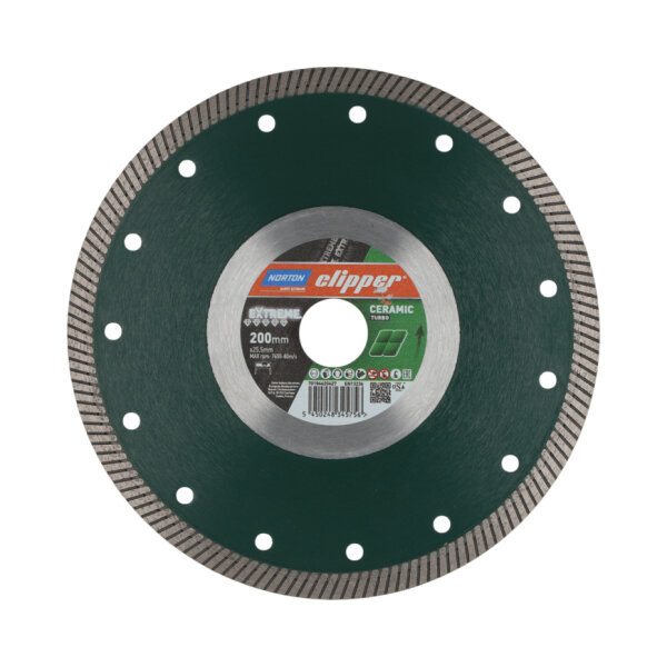 Norton Clipper Diamant-Trennscheibe 70184625427 Extreme Ceramic Turbo 200x25,4 mm, für Keramik und Feinsteinzeug, 10 mm Segmenthöhe
