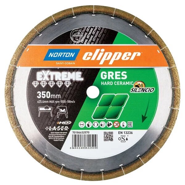 Norton Clipper Diamanttrennscheibe  247 Extreme Gres Silencio, Ø 350 mm, für Feinsteinzeug, Bohrung 25,4 mm
